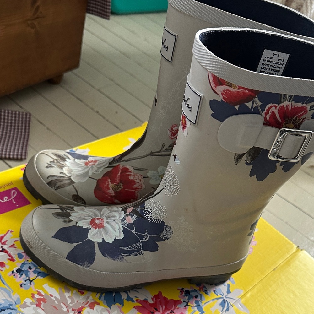 Joules Gray and Blue Floral Rain Boots